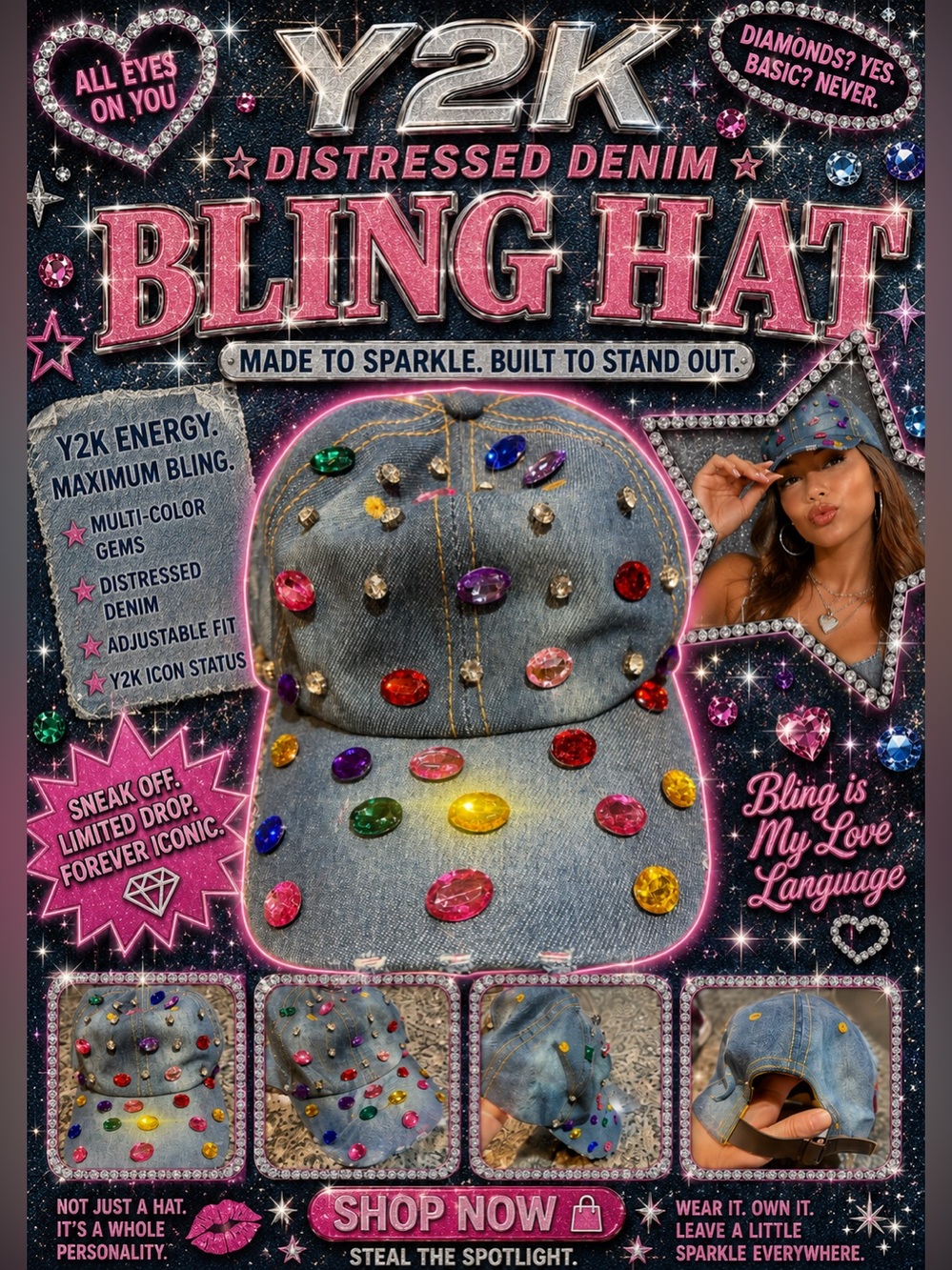 Denim distressed Cap with Multi-Colored Gem Embellishments🩷💛❤️💙NWT